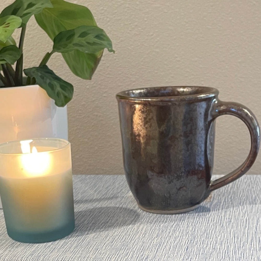 Handmade Studio Pottery Stoneware Mug–Signed Kimberly A. Clark–Brown Drip Glaze